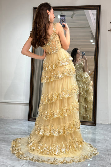 Golden Sparkly Tiered A Line Princess Prom Dress with Slit